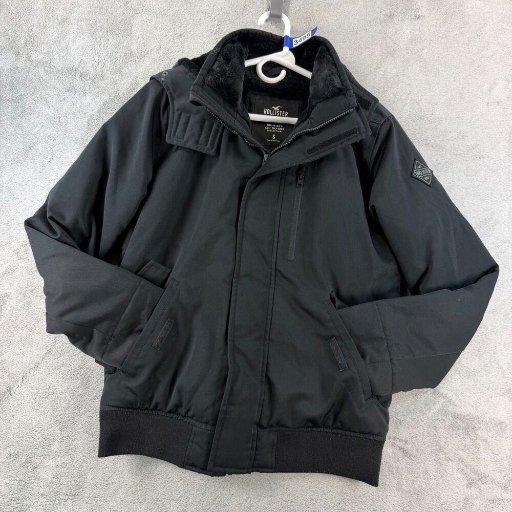 Hollister All-Weather Men's S Black Faux Fur Lined Hooded Bomber Jacket